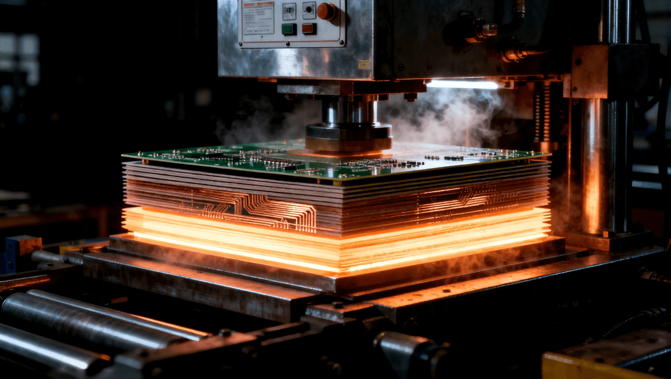 高溫高壓PCB層壓過程，展示PCB層間的精準壓合和高壓設備