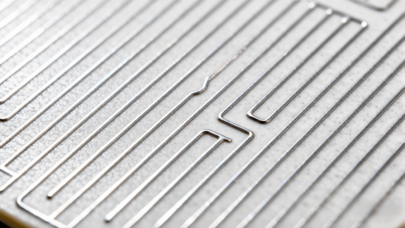 淺灰色陶瓷基板表面分布著間距一致的10-20μm超精細(xì)銀灰色金屬線路 淺灰色陶瓷基板表面分布著間距一致的10-20μm超精細(xì)銀灰色金屬線路