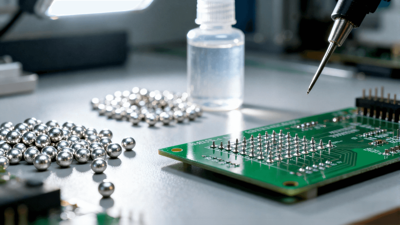 PCB焊接材料選型場(chǎng)景，展示焊料和助焊劑在電子制造中的應(yīng)用，強(qiáng)調(diào)高精度焊接質(zhì)量控制