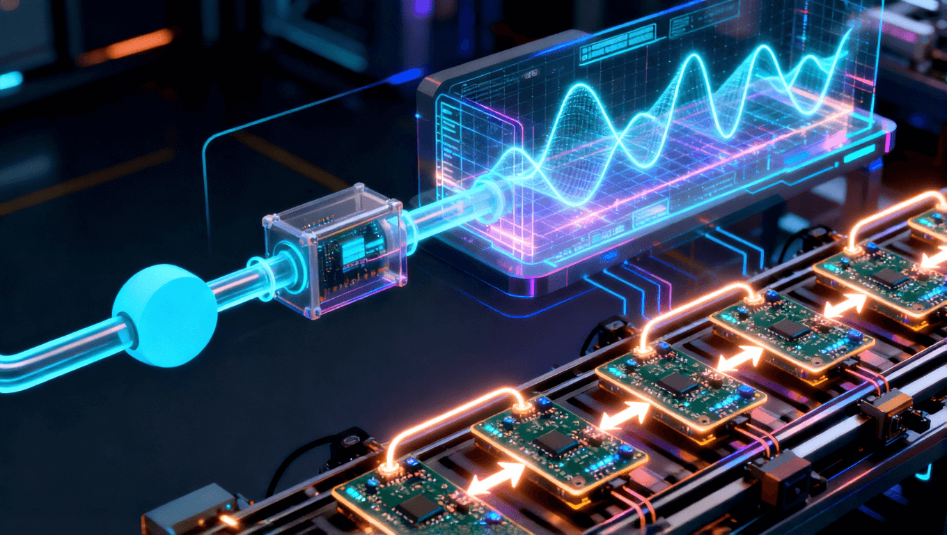 高頻板材選型標(biāo)準(zhǔn)化流程抽象圖，從需求輸入到參數(shù)匹配、仿真驗(yàn)證再到批量生產(chǎn)的可視化流程