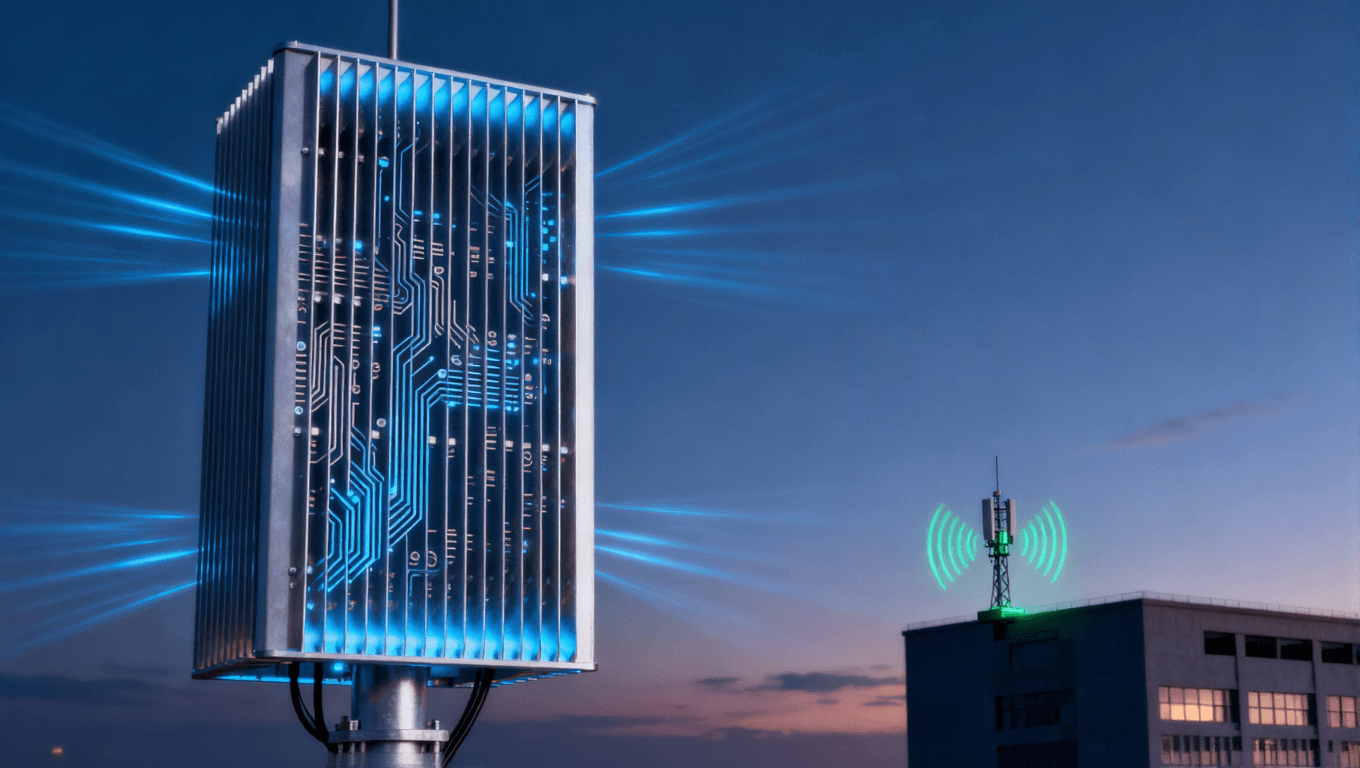 5G宏基站與微基站天線在黃昏環(huán)境下的工作場(chǎng)景，藍(lán)色與綠色信號(hào)波束展示不同覆蓋需求