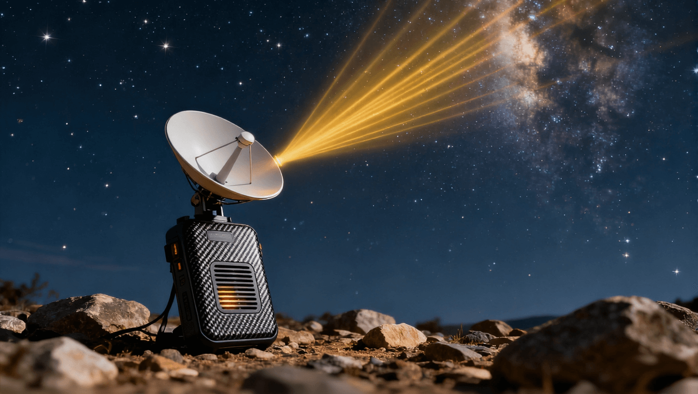 便攜衛(wèi)星通信終端在星空下發(fā)射金色信號(hào)流，體現(xiàn)Ka波段傳輸與戶外環(huán)境適應(yīng)性