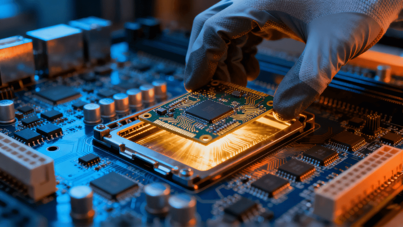 工程師將高頻電路板精準(zhǔn)嵌入系統(tǒng)主板，金色光芒體現(xiàn)參數(shù)匹配與性能優(yōu)化的完美結(jié)合