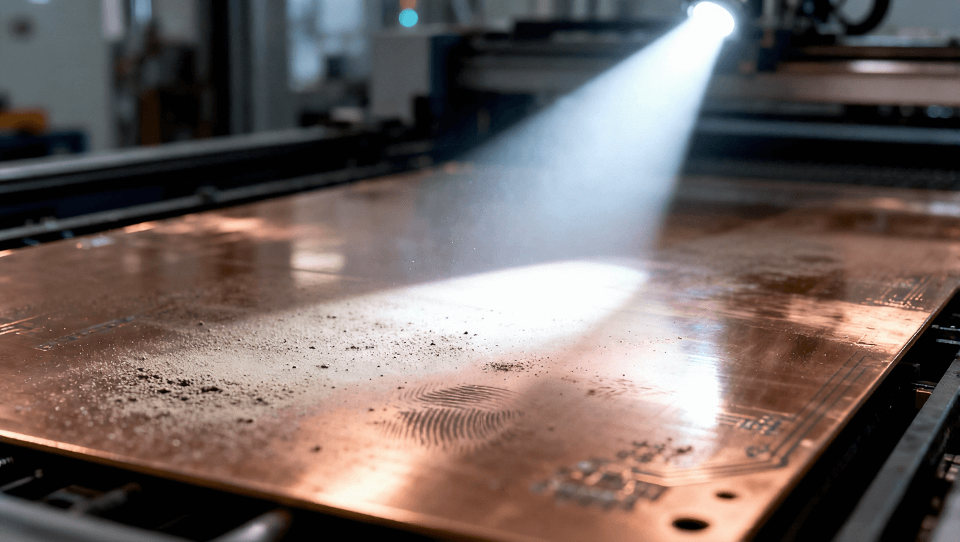 光線照射下PCB基板表面顯現(xiàn)污染物，強(qiáng)調(diào)清潔度對阻焊附著力的影響