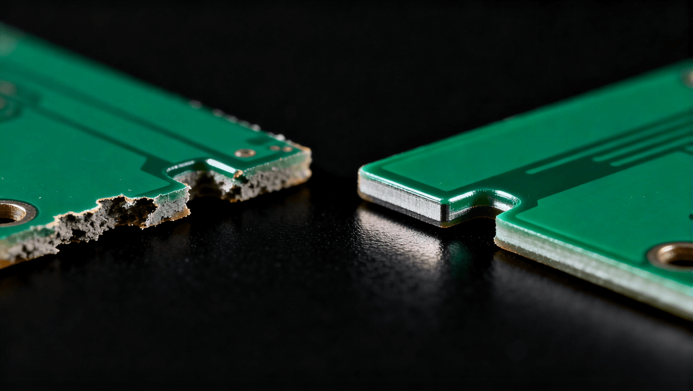 PCB阻焊橋工藝優(yōu)化前后效果對比微距照片，左為問題板，右為優(yōu)化后良品