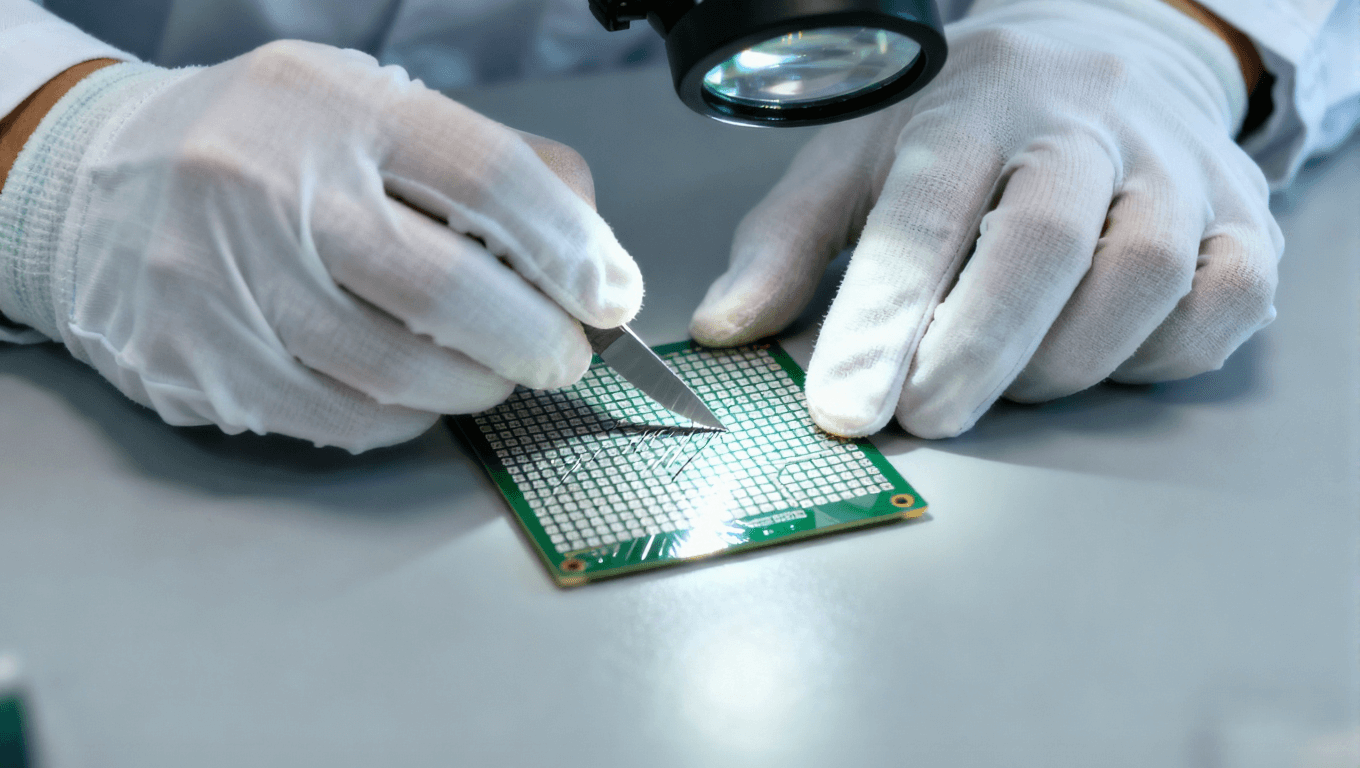 質(zhì)檢員在PCB阻焊層上進(jìn)行附著力百格測試的特寫鏡頭