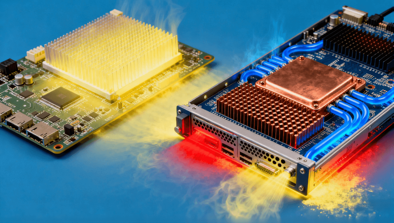 AI服務(wù)器PCB復(fù)合散熱技術(shù)應(yīng)用，展示金屬基板、散熱過(guò)孔與液冷系統(tǒng)在高溫環(huán)境下的協(xié)同工作