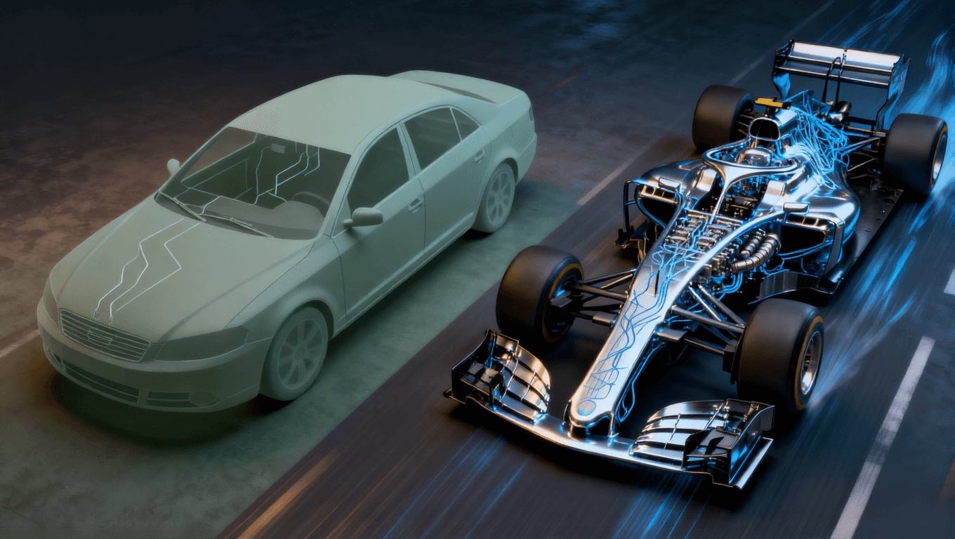 AI服務(wù)器PCB與普通PCB算力分級(jí)對(duì)比視覺(jué)圖，通過(guò)轎車與賽車的比喻展示性能與設(shè)計(jì)復(fù)雜度差異