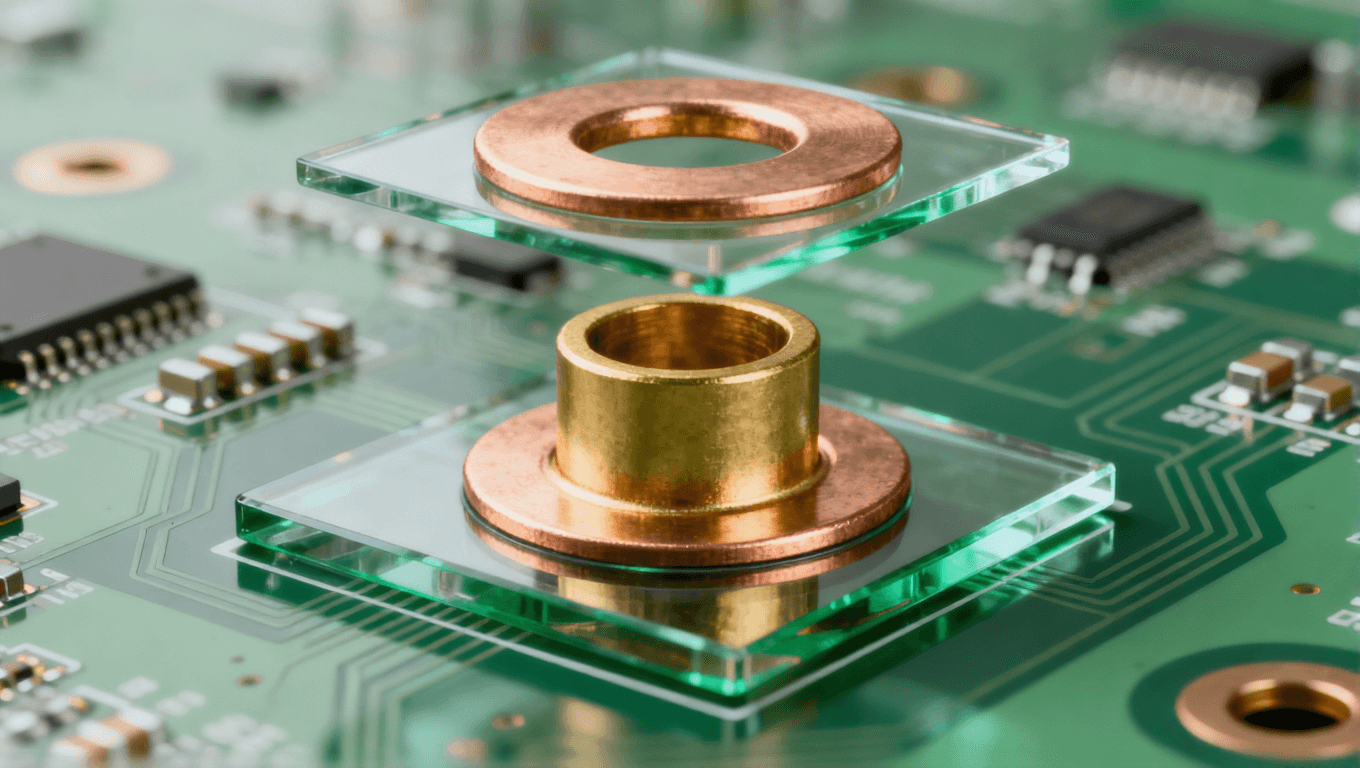 PCB過(guò)孔圖，分解展示孔壁、焊盤(pán)和阻焊層三要素