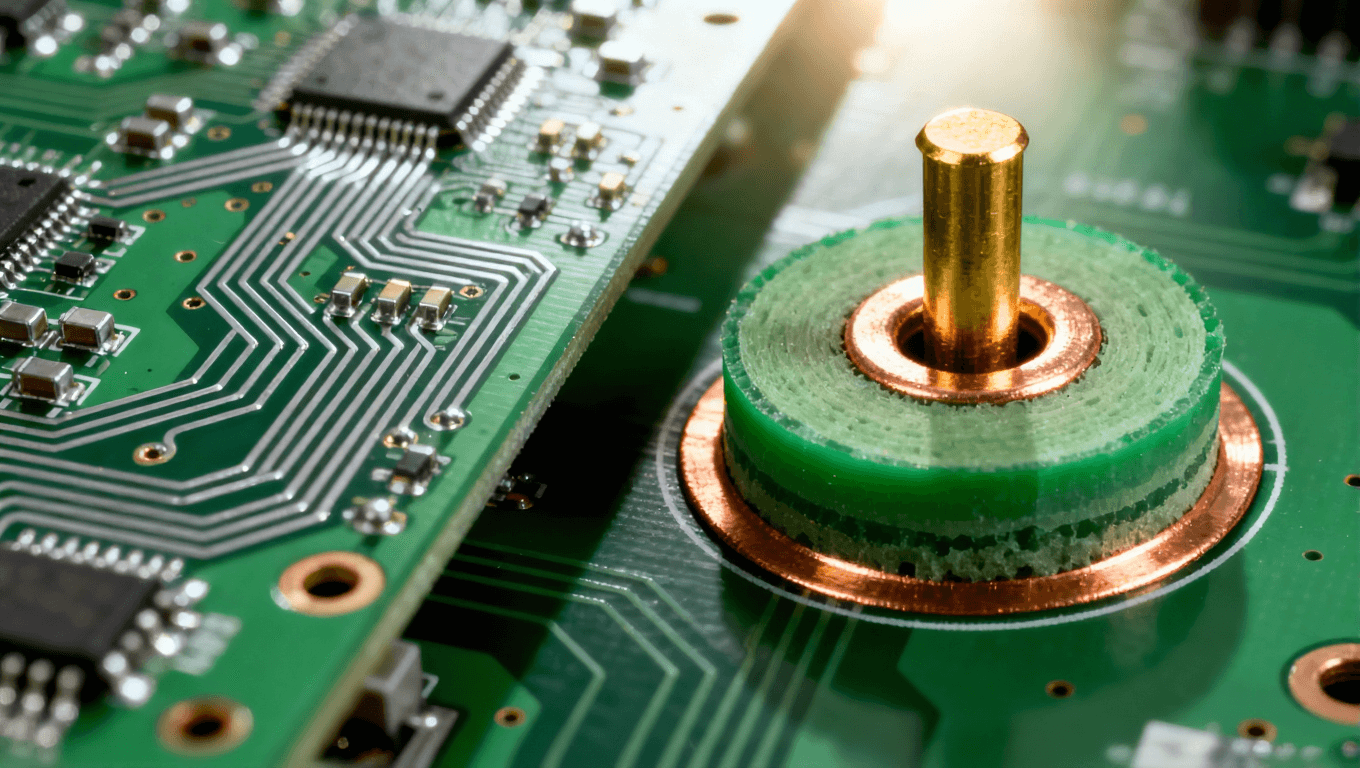 PCB一階過(guò)孔橫截面結(jié)構(gòu)示意圖，展示過(guò)孔貫穿所有層且僅頂層底層有焊盤(pán)