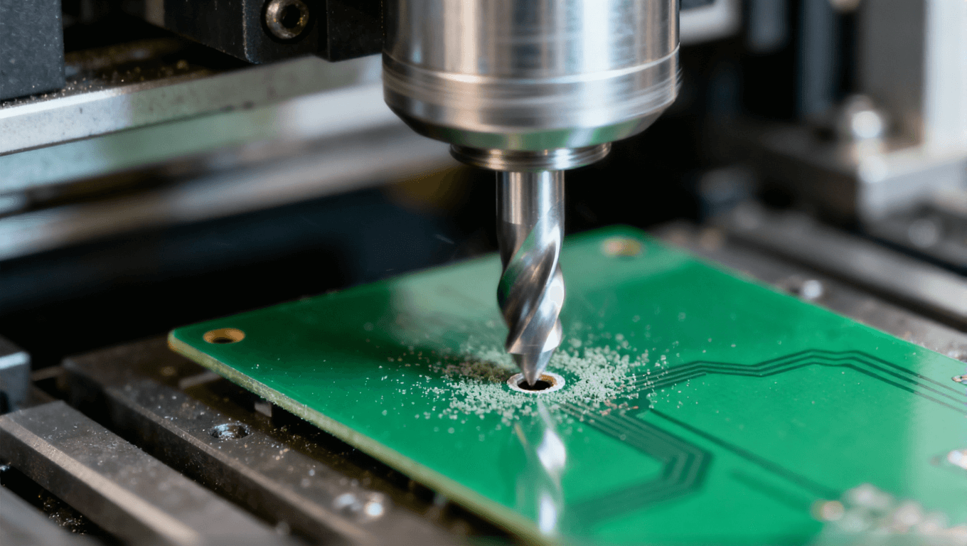 數(shù)控鉆頭在PCB板上鉆孔的瞬間，展示一階過(guò)孔制造工藝