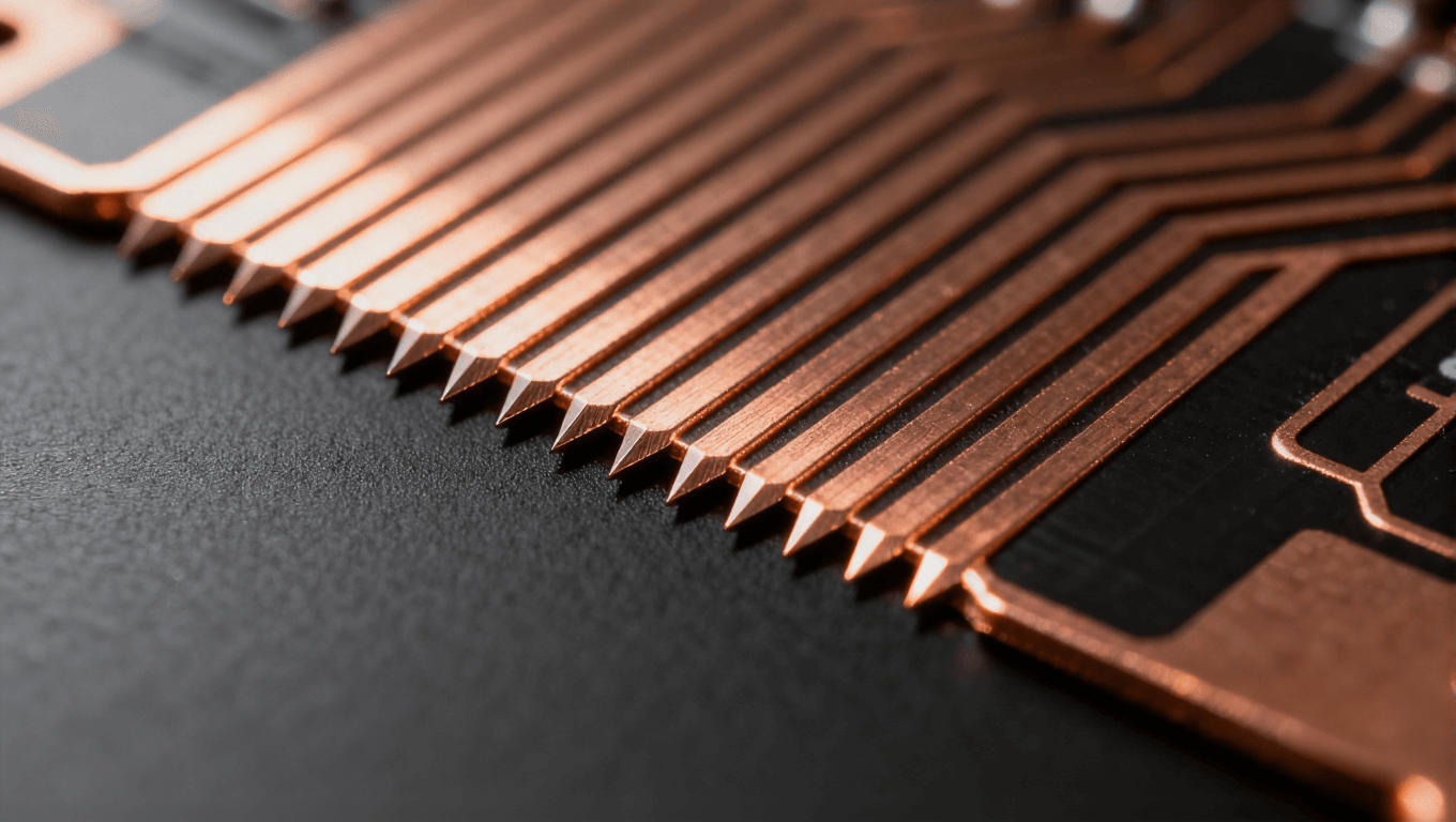 高密度PCB線路微觀視圖，展示精細(xì)線寬與間距控制，適用于HDI板和5G設(shè)備應(yīng)用