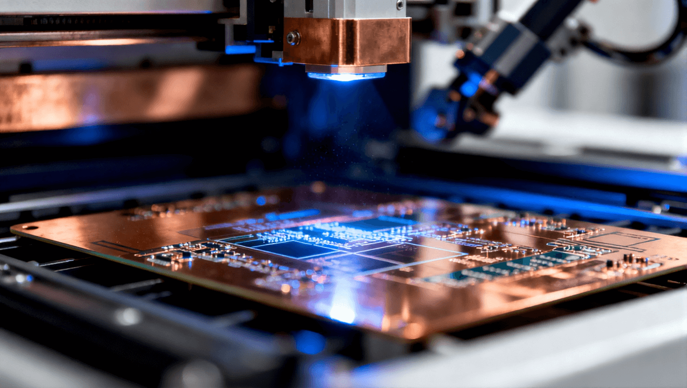 PCB圖形轉(zhuǎn)移曝光過程，菲林與基材在紫外線照射下進(jìn)行線路復(fù)刻，體現(xiàn)高精度制造場景