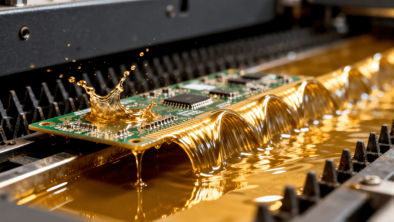 波峰焊過程中液態(tài)焊料波峰與PCB接觸的動態(tài)瞬間，突出焊接工藝的流體特性