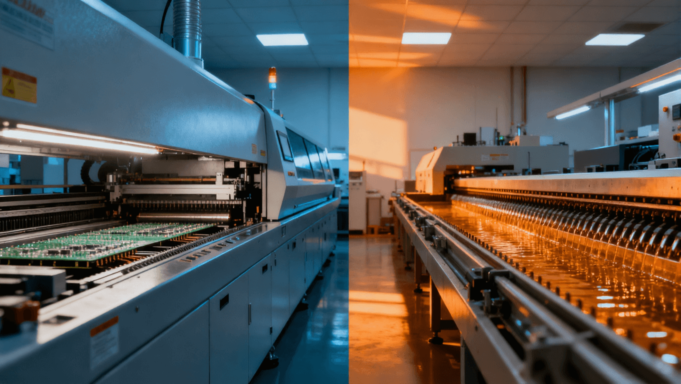 回流焊與波峰焊設(shè)備結(jié)構(gòu)對比示意圖，象征兩種工藝的成本與精度差異