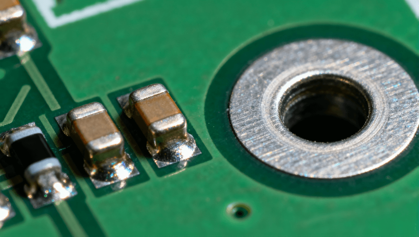 SMT貼片元件與THT插件元件焊點(diǎn)結(jié)構(gòu)對比微距圖，展現(xiàn)二維與三維焊接形態(tài)差異