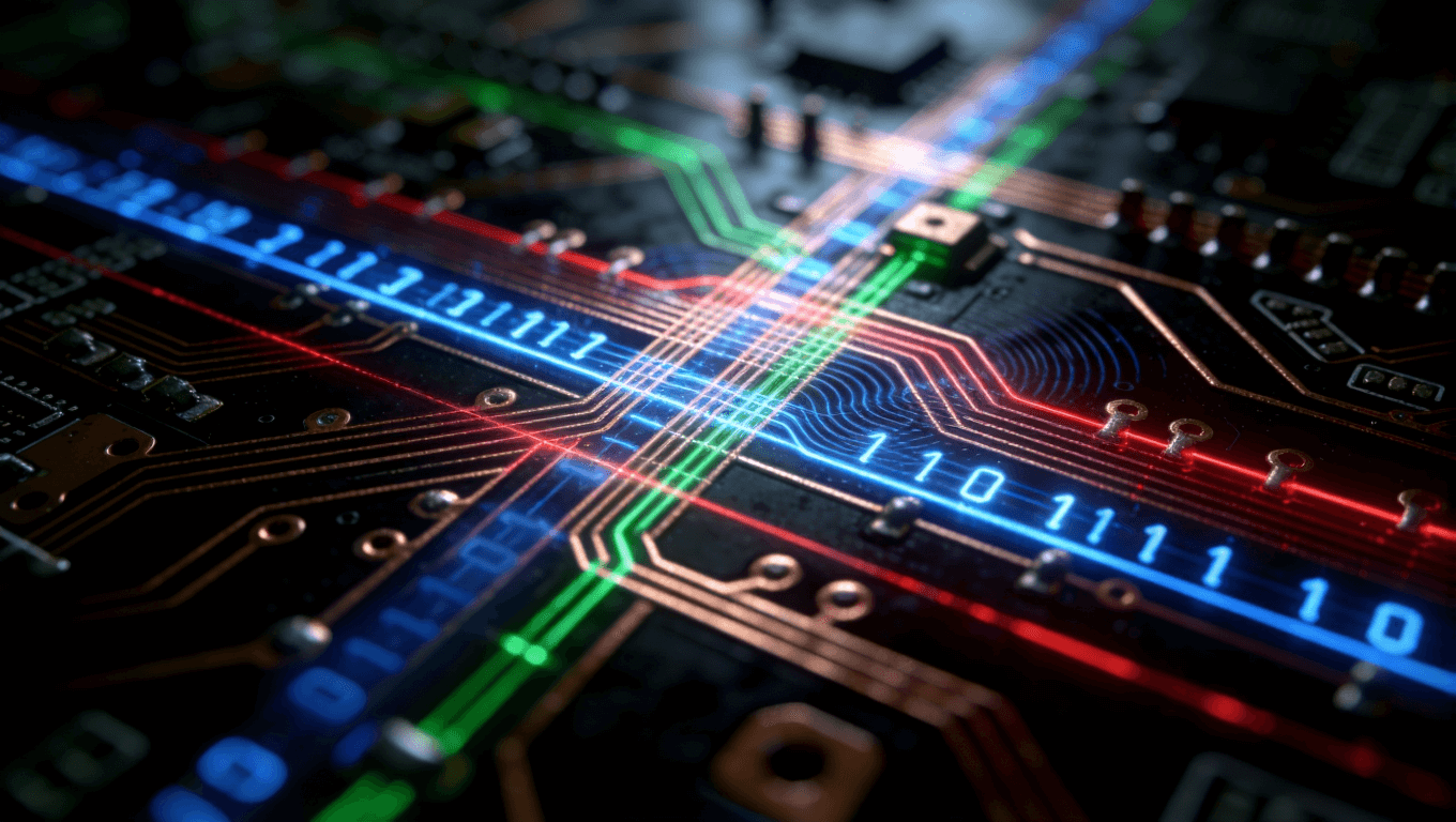 高密度布線中信號串?dāng)_挑戰(zhàn)的微距可視化，展示不同類型電流與電磁干擾