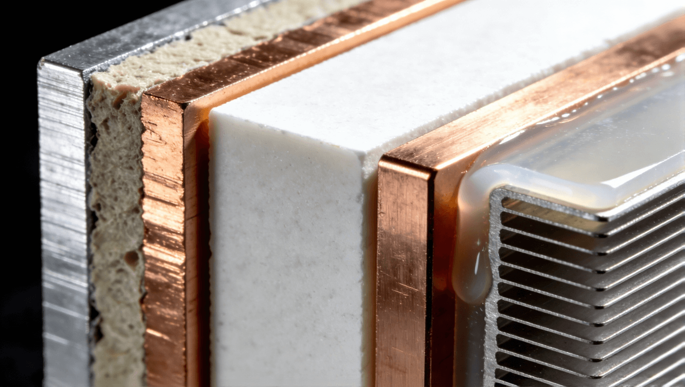 儲(chǔ)能PCB常用高導(dǎo)熱基板與散熱材料展示，包括鋁基、陶瓷基覆銅板和導(dǎo)熱硅膠