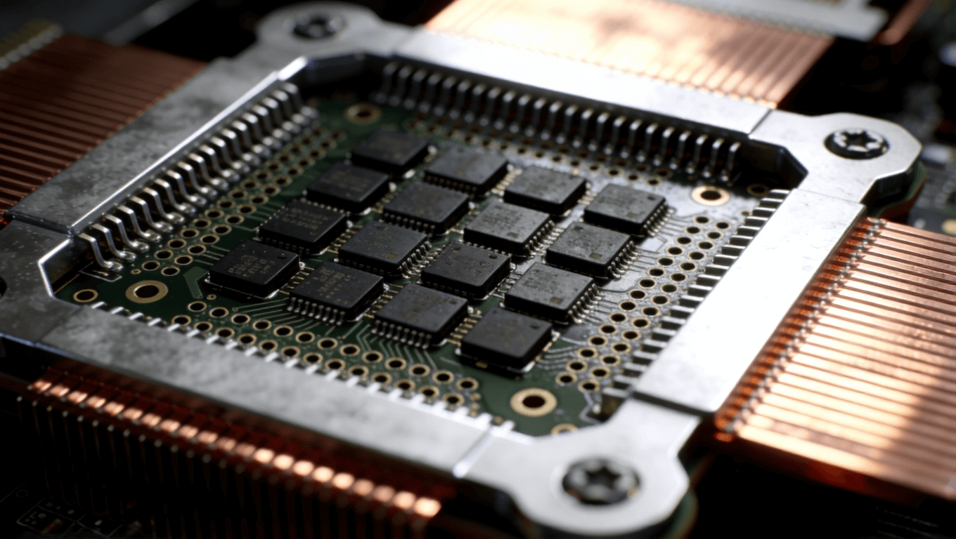 PCB熱管理布局特寫，展示導(dǎo)熱過孔、散熱片與器件分布結(jié)構(gòu)