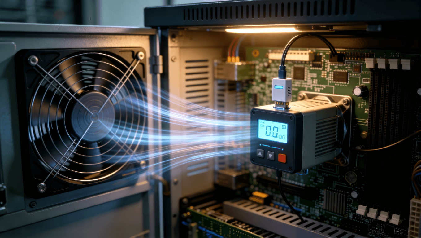 儲(chǔ)能系統(tǒng)智能溫控組件工作示意圖，展示傳感器、控制器與散熱風(fēng)扇聯(lián)動(dòng)