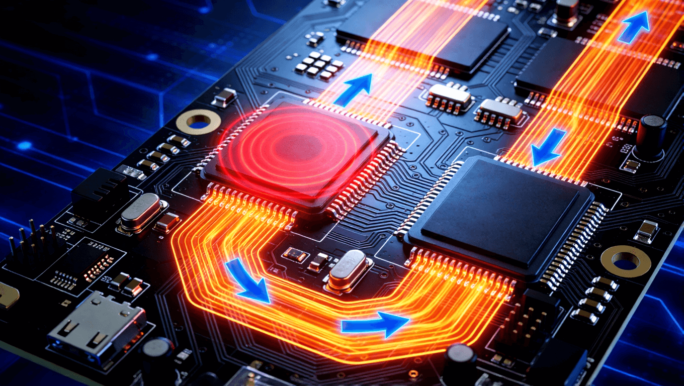 儲(chǔ)能PCB板熱源與傳熱路徑示意圖，展示發(fā)熱器件與熱傳導(dǎo)視覺化表達(dá)