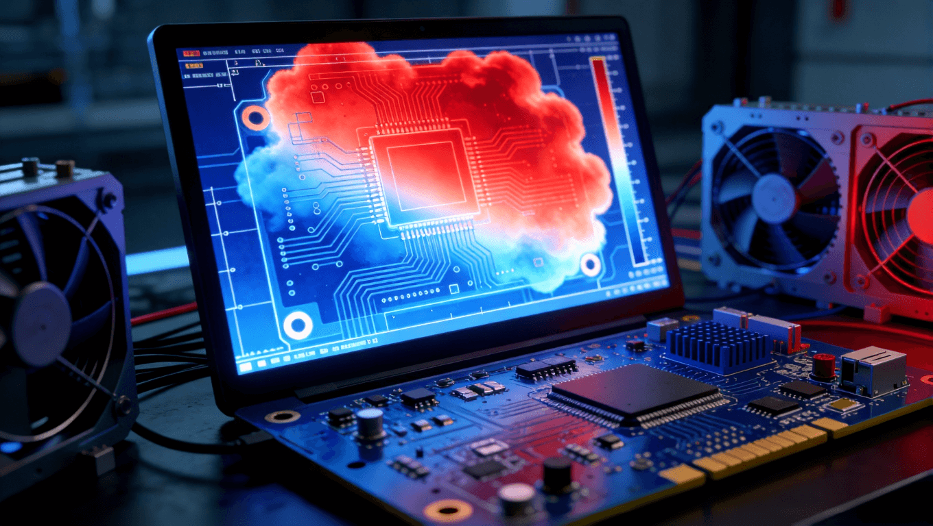 PCB熱仿真溫度分布云圖在電腦界面中的視覺呈現(xiàn)，展示熱點(diǎn)識別與散熱設(shè)計(jì)