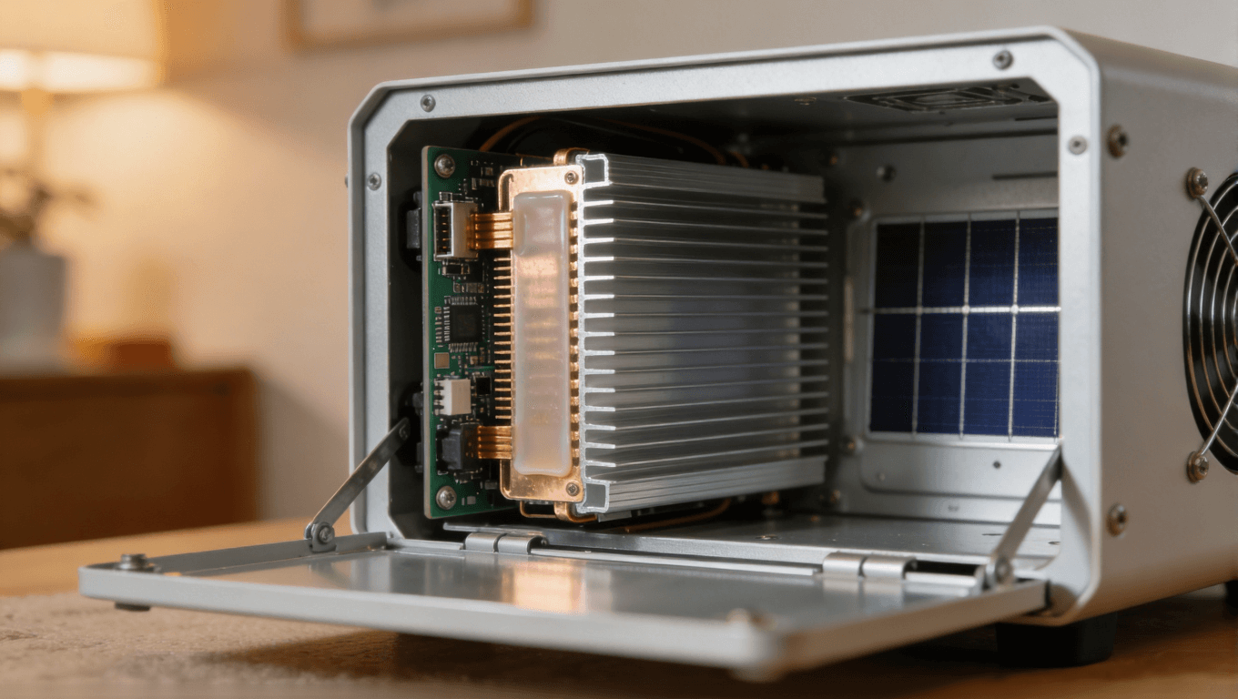 戶用儲(chǔ)能逆變器內(nèi)部散熱結(jié)構(gòu)特寫，展示PCB集成散熱層與殼體散熱設(shè)計(jì)