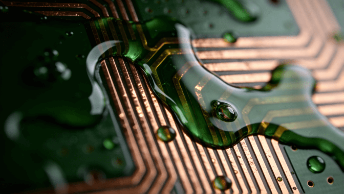 PCB阻焊層涂覆過程抽象特寫，綠色液態(tài)阻焊油在銅線上光滑鋪展，呈現(xiàn)光澤質(zhì)感與流動紋理