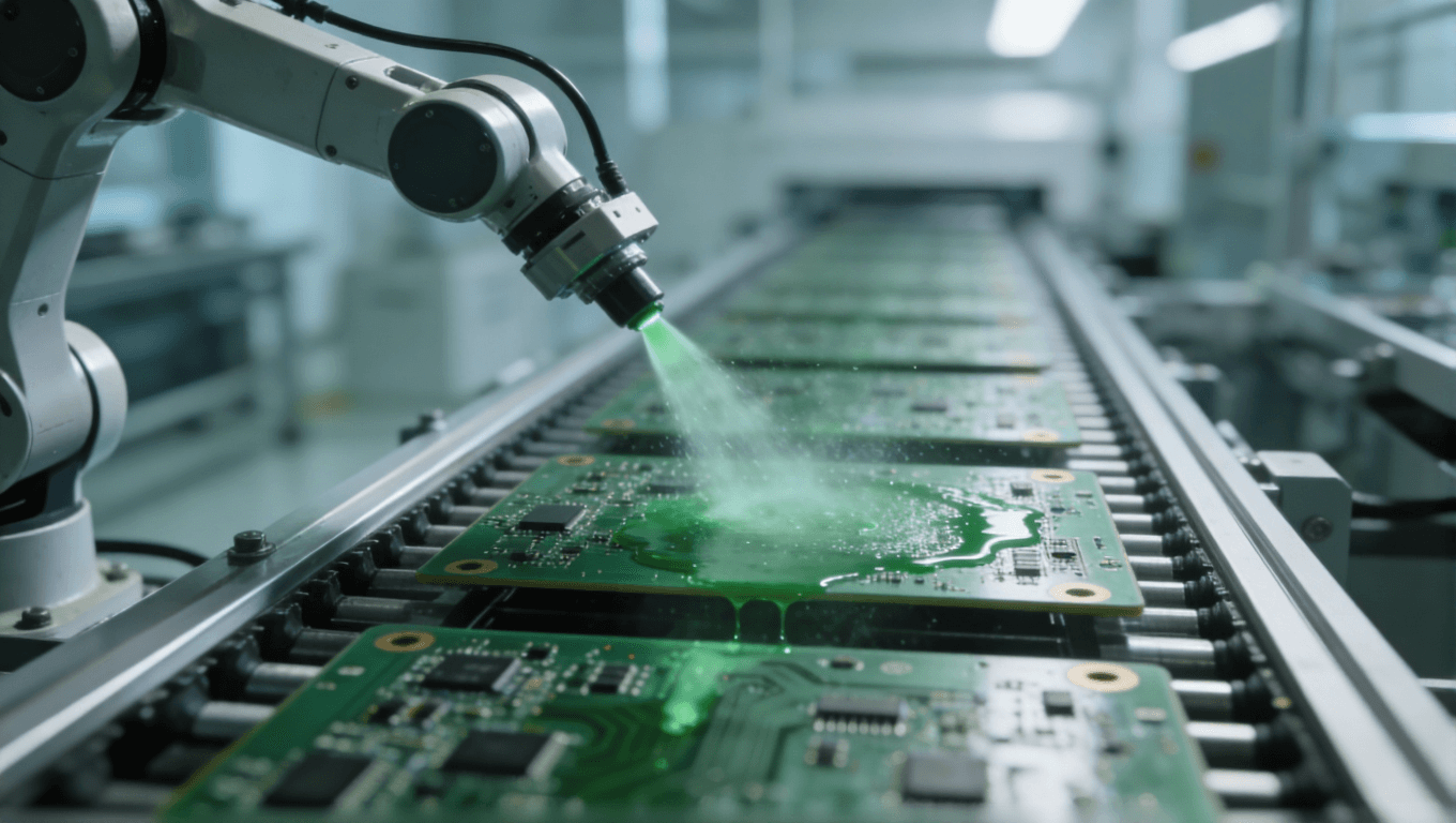 未來工廠中機械臂為傳送帶上的PCB板噴涂阻焊層的場景，綠色霧狀涂料正在噴涂