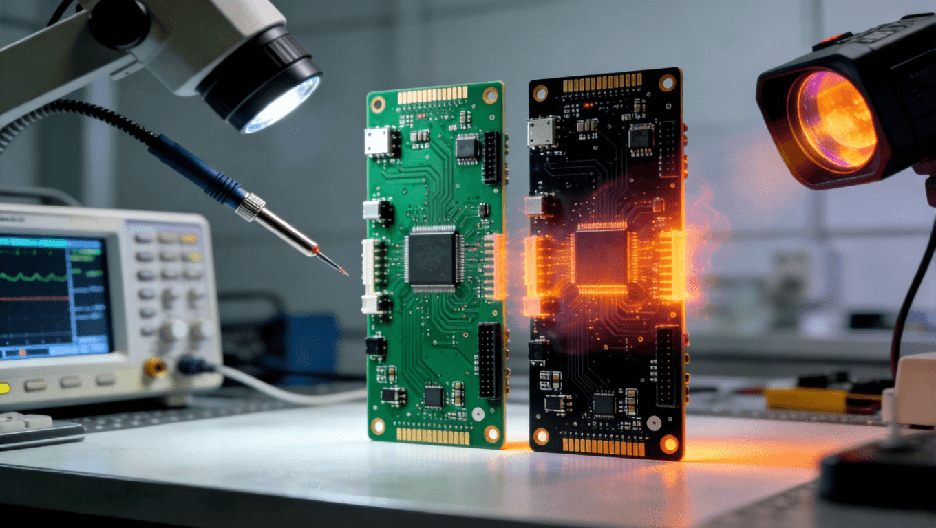 實驗室中綠色與黑色PCB板并排對比測試場景，周圍有示波器探頭和熱像儀鏡頭