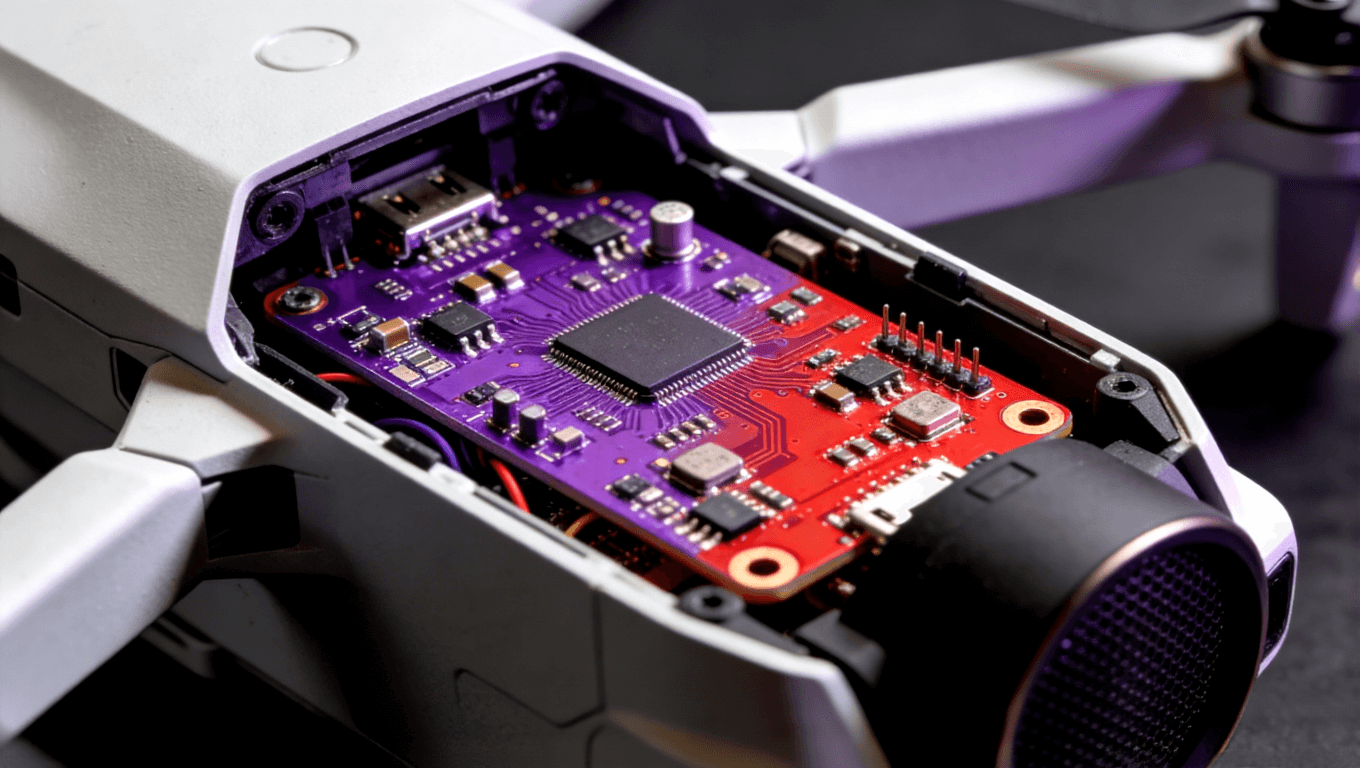 產(chǎn)品拆解藝術(shù)圖展示內(nèi)部紫色或紅色PCB板，組件布局整齊