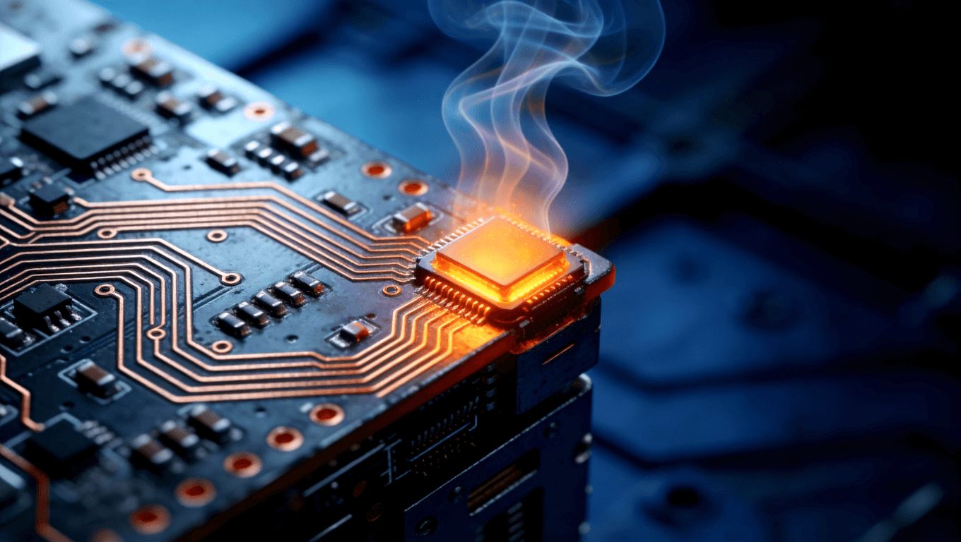 熱電分離金屬基板微距特寫(xiě)，展示高功率電子元件散熱時(shí)熱浪波紋的視覺(jué)效果