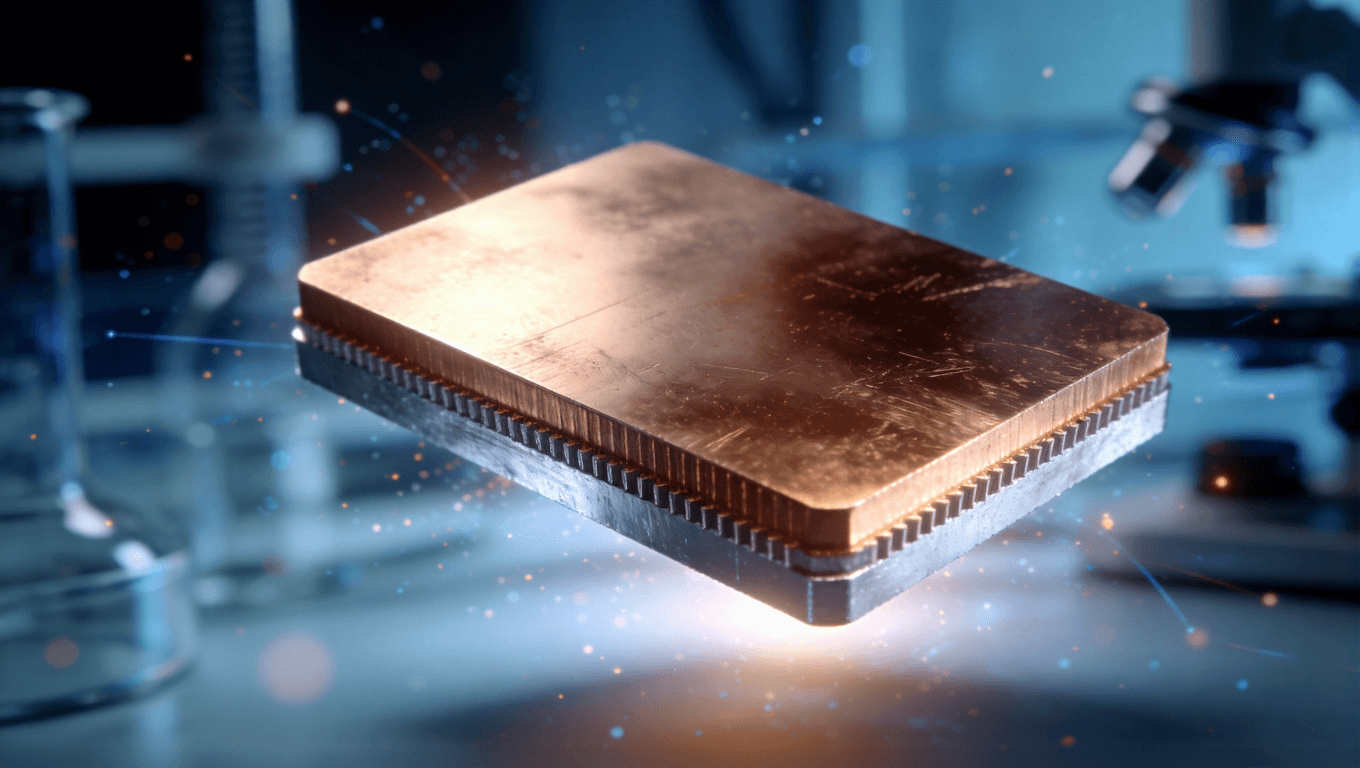 未來(lái)感復(fù)合金屬基板材料概念展示，象征銅鋁復(fù)合與材料技術(shù)創(chuàng)新趨勢(shì)