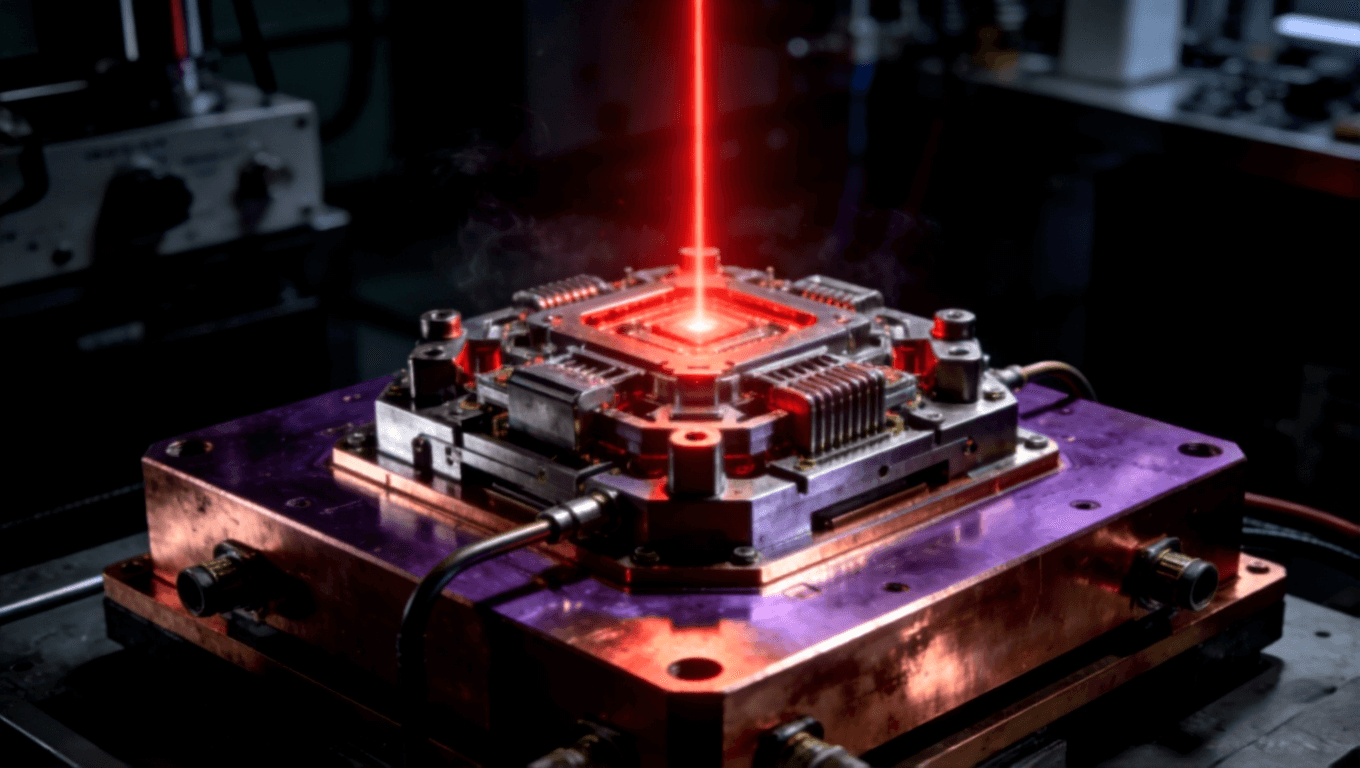 高功率工業(yè)激光器模塊特寫(xiě)，厚重銅基板作為核心散熱底座，發(fā)射出紅色激光束