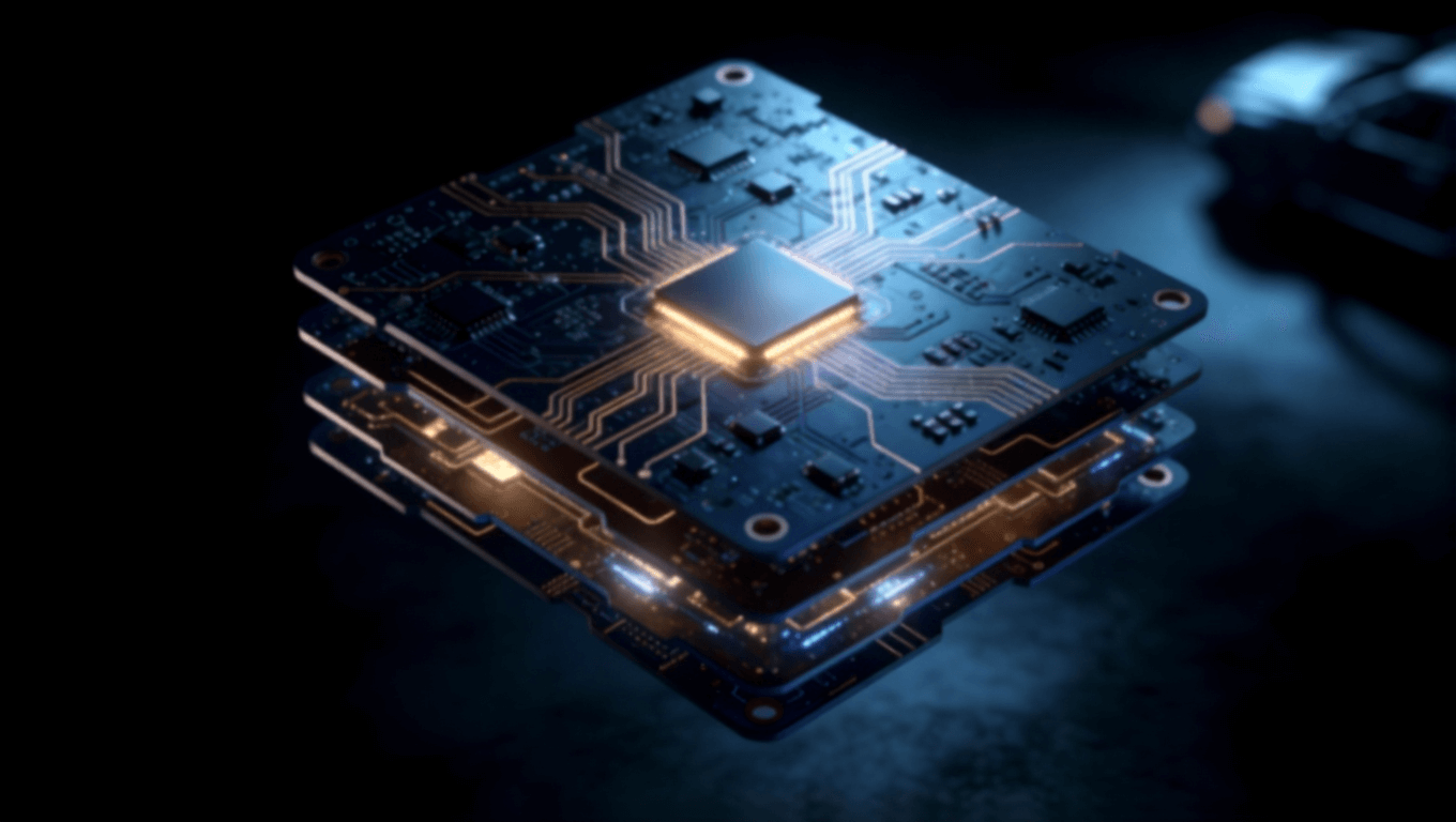自動駕駛域控制器 PCB 抽象科技視覺，展示多層電路與芯片集成設(shè)計