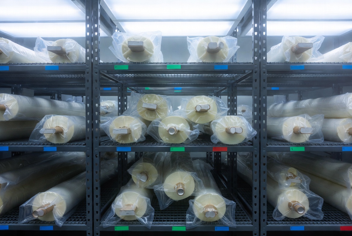 恒溫恒濕倉庫內(nèi)存放的真空包裝半固化片卷材，表現(xiàn)適宜存儲環(huán)境對材料穩(wěn)定性的重要性