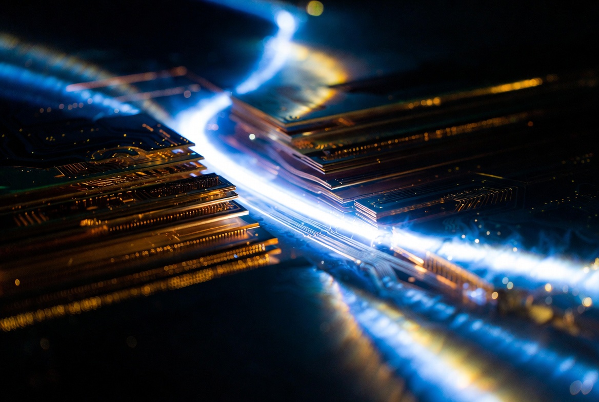 抽象光影表現(xiàn)PCB內(nèi)部信號因白斑缺陷發(fā)生衰減，象征白斑對高頻電路性能的影響