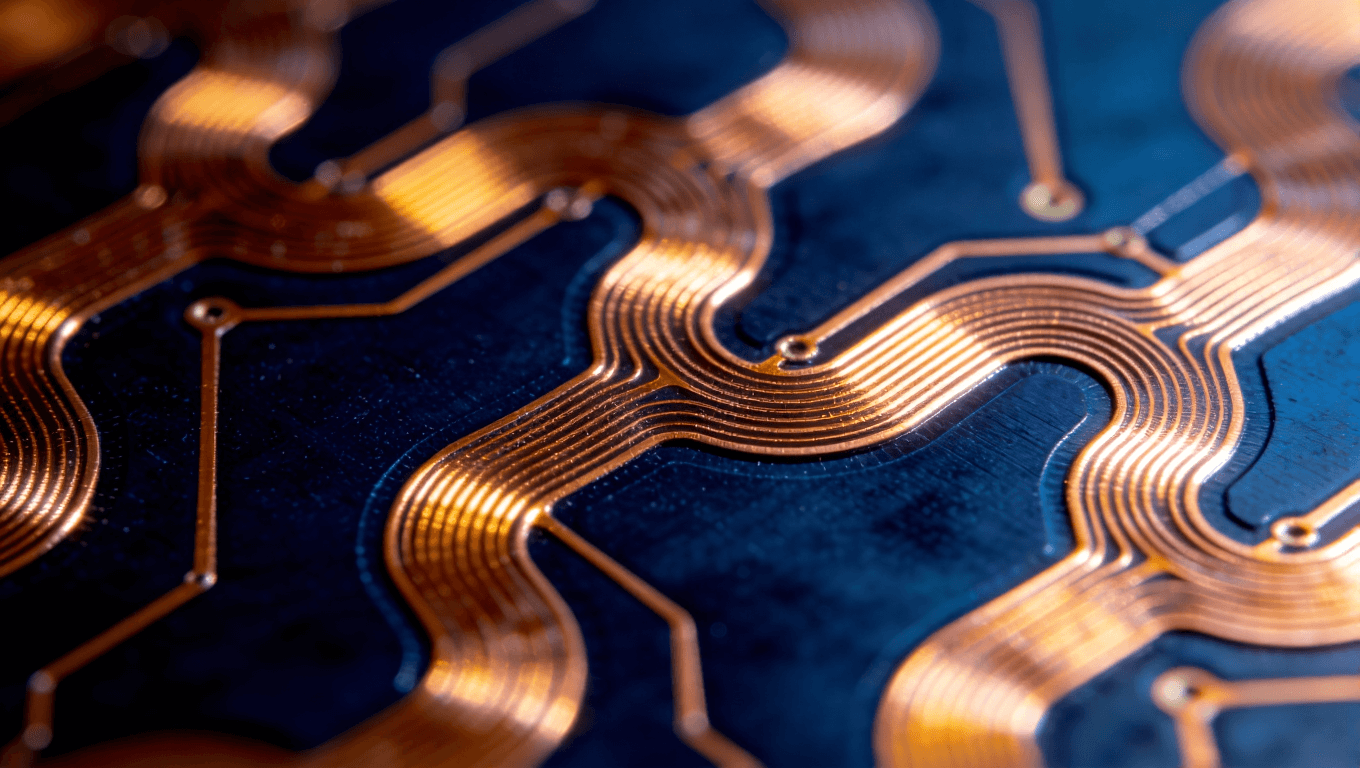 柔性電路板蛇形走線設(shè)計(jì)細(xì)節(jié)圖，展現(xiàn)金黃色銅箔在深藍(lán)基材上的波浪形布局