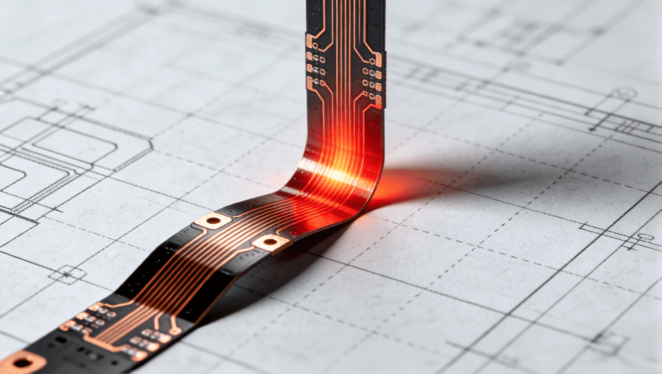 FPC走線與彎折方向垂直導(dǎo)致的應(yīng)力集中可視化圖示，紅色熱力圖突出應(yīng)力分布